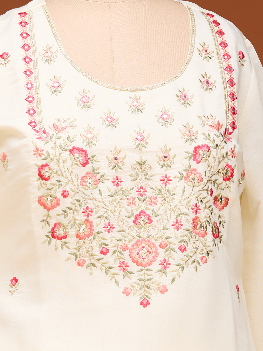 Off White Threadwork Art Silk Readymade Salwar Suit