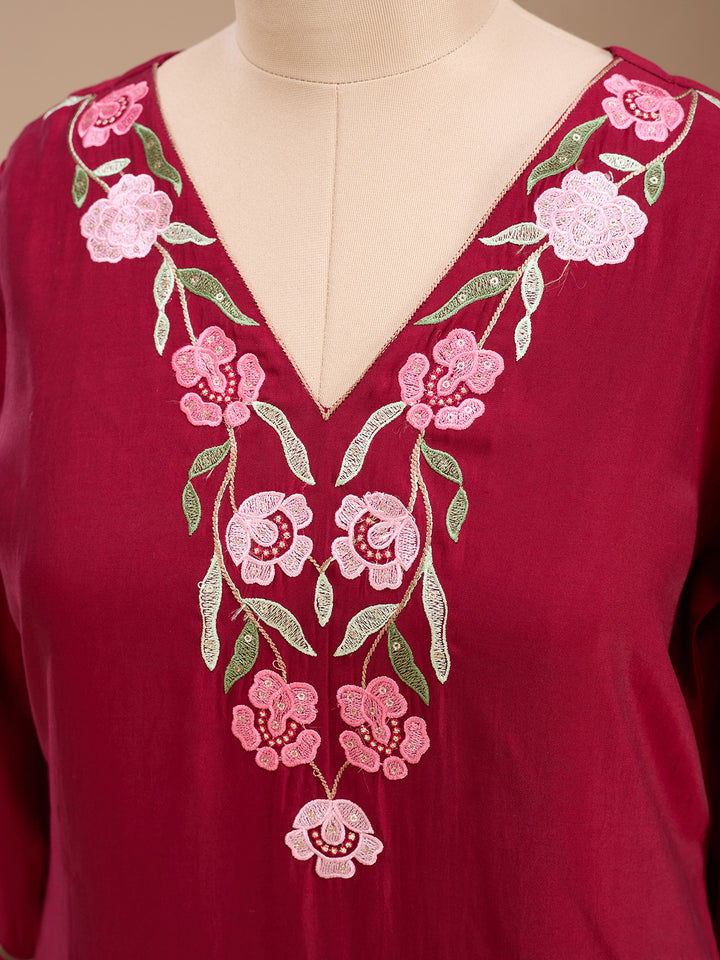 Maroon Threadwork Silk Readymade Salwar Suit