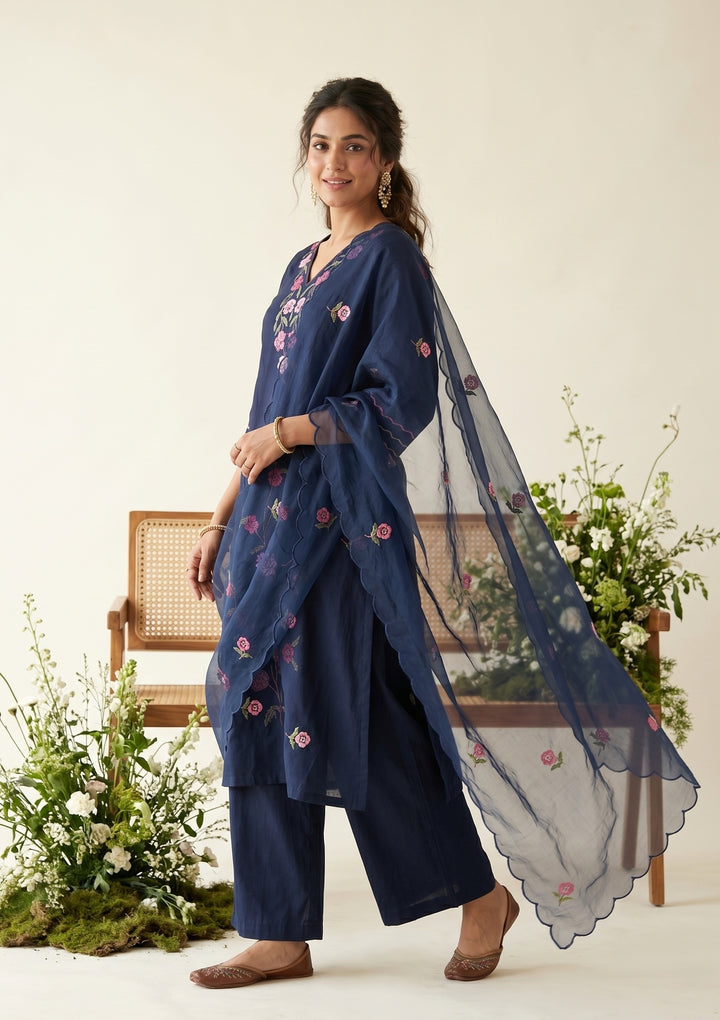 Navy Blue Threadwork Art Silk Readymade Salwar Suit