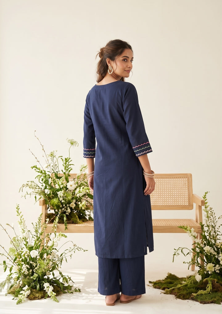 Navy Blue Threadwork Art Silk Readymade Salwar Suit
