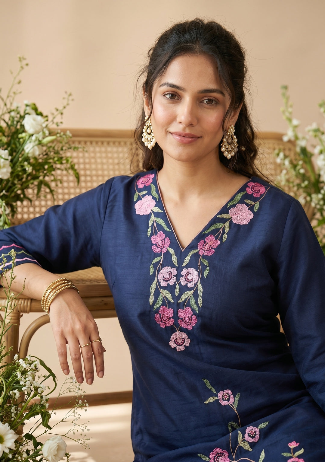 Navy Blue Threadwork Art Silk Readymade Salwar Suit