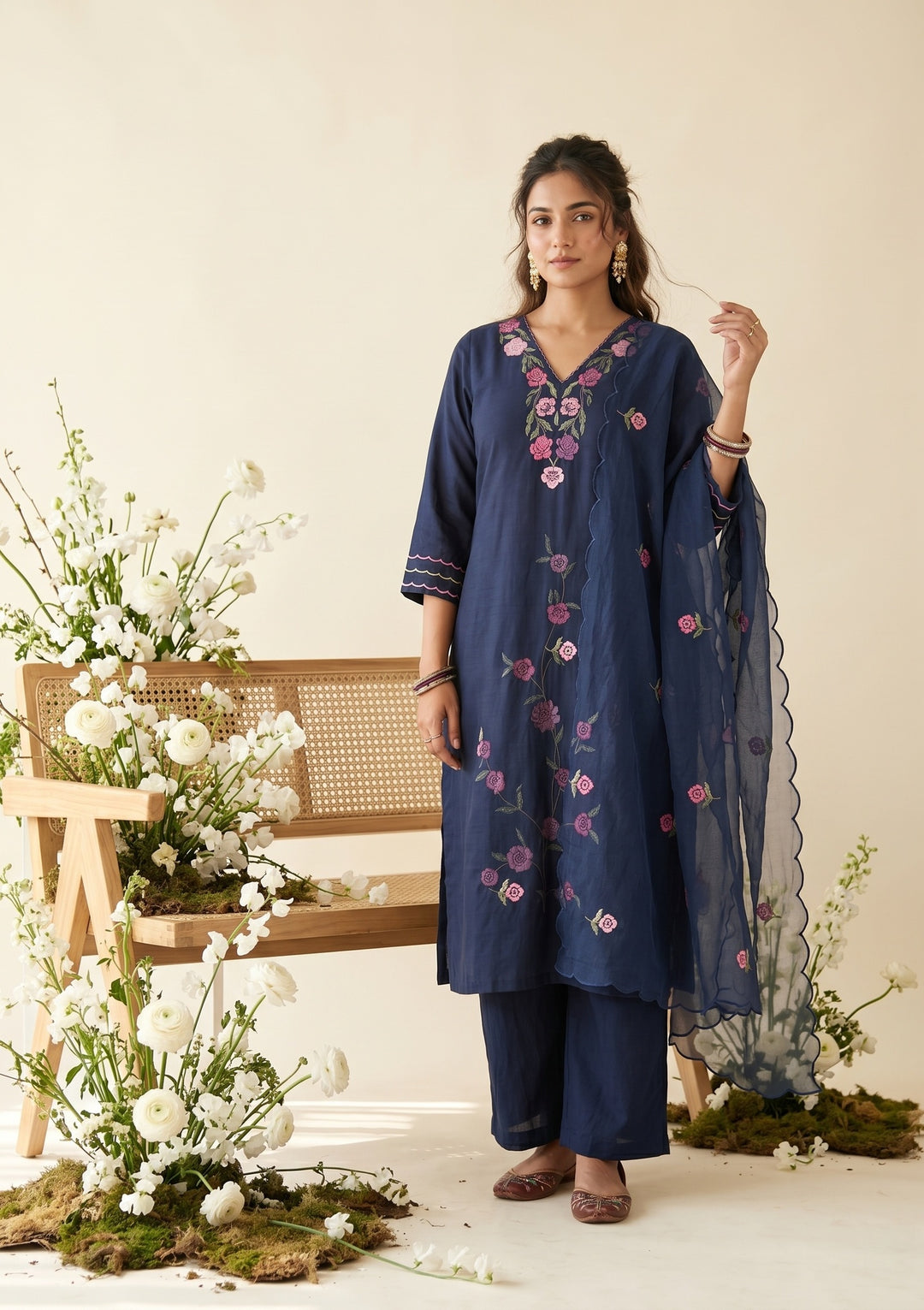Navy Blue Threadwork Art Silk Readymade Salwar Suit