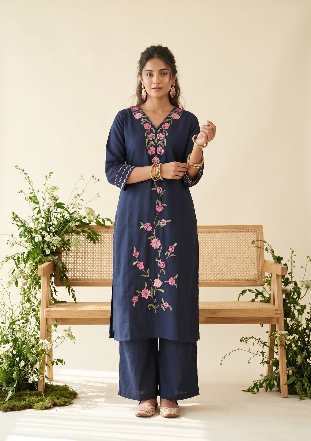 Navy Blue Threadwork Art Silk Readymade Salwar Suit