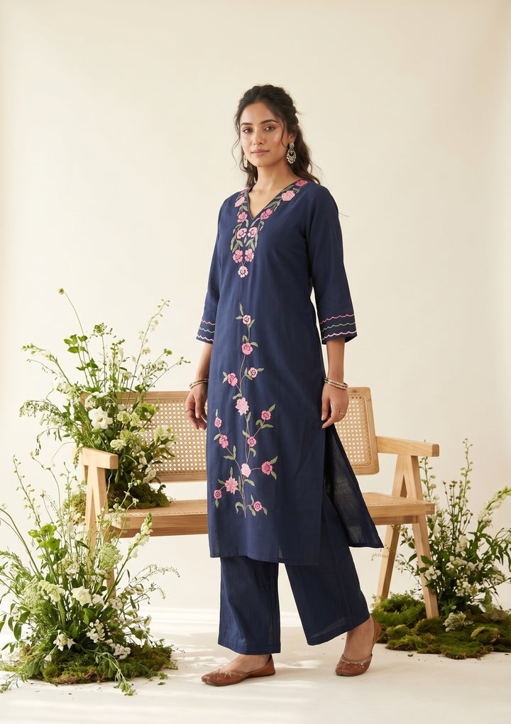 Navy Blue Threadwork Art Silk Readymade Salwar Suit