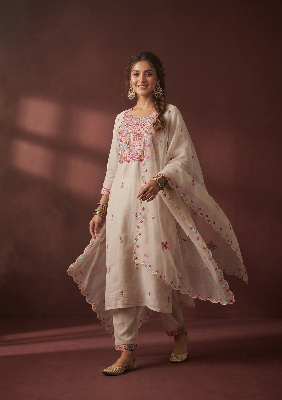 Beige Threadwork Art Silk Readymade Salwar Suit