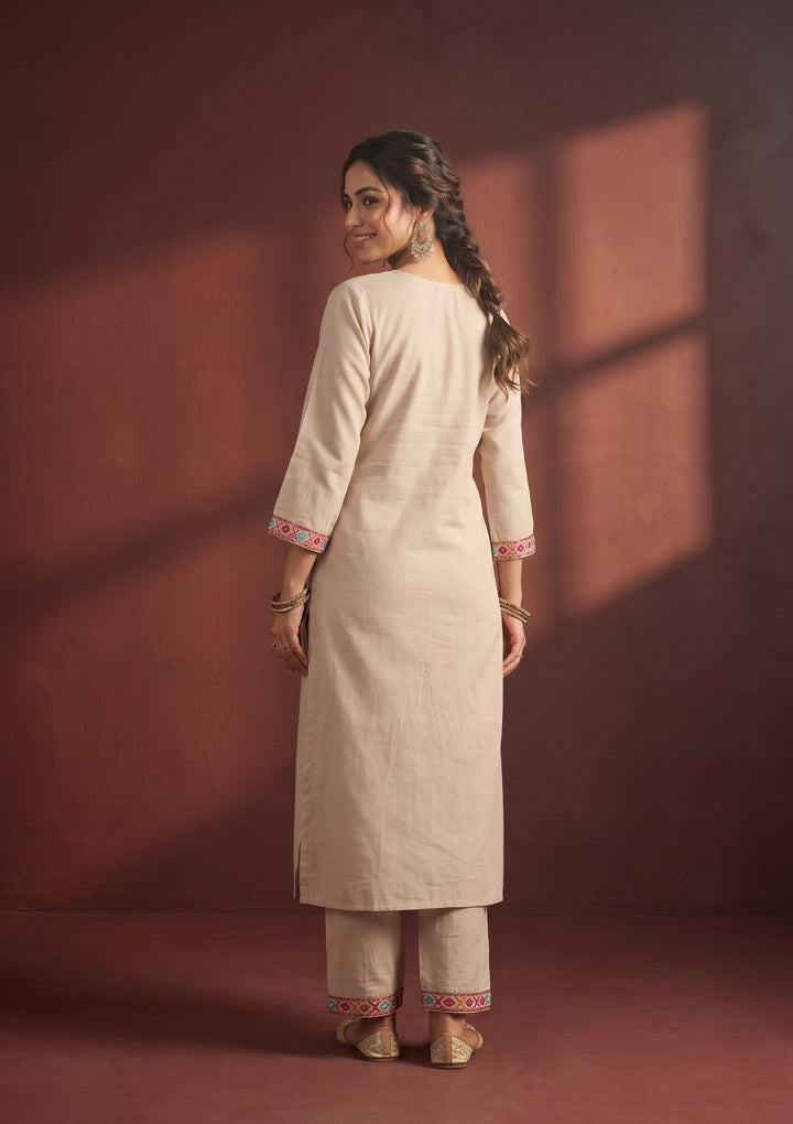 Beige Threadwork Art Silk Readymade Salwar Suit