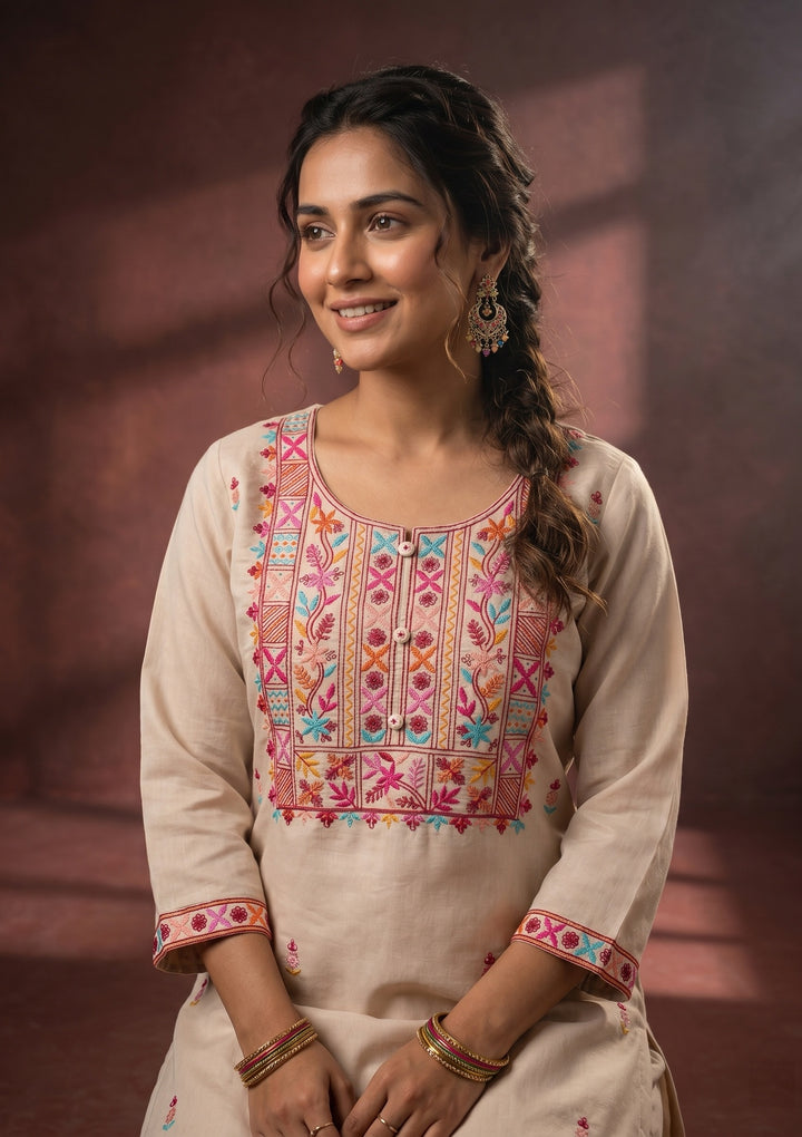 Beige Threadwork Art Silk Readymade Salwar Suit