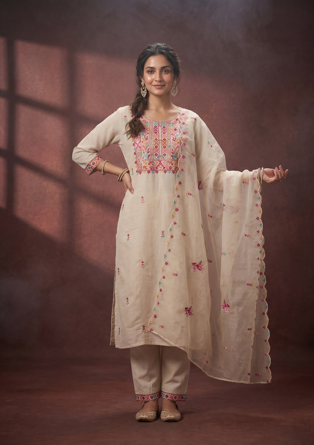 Beige Threadwork Art Silk Readymade Salwar Suit