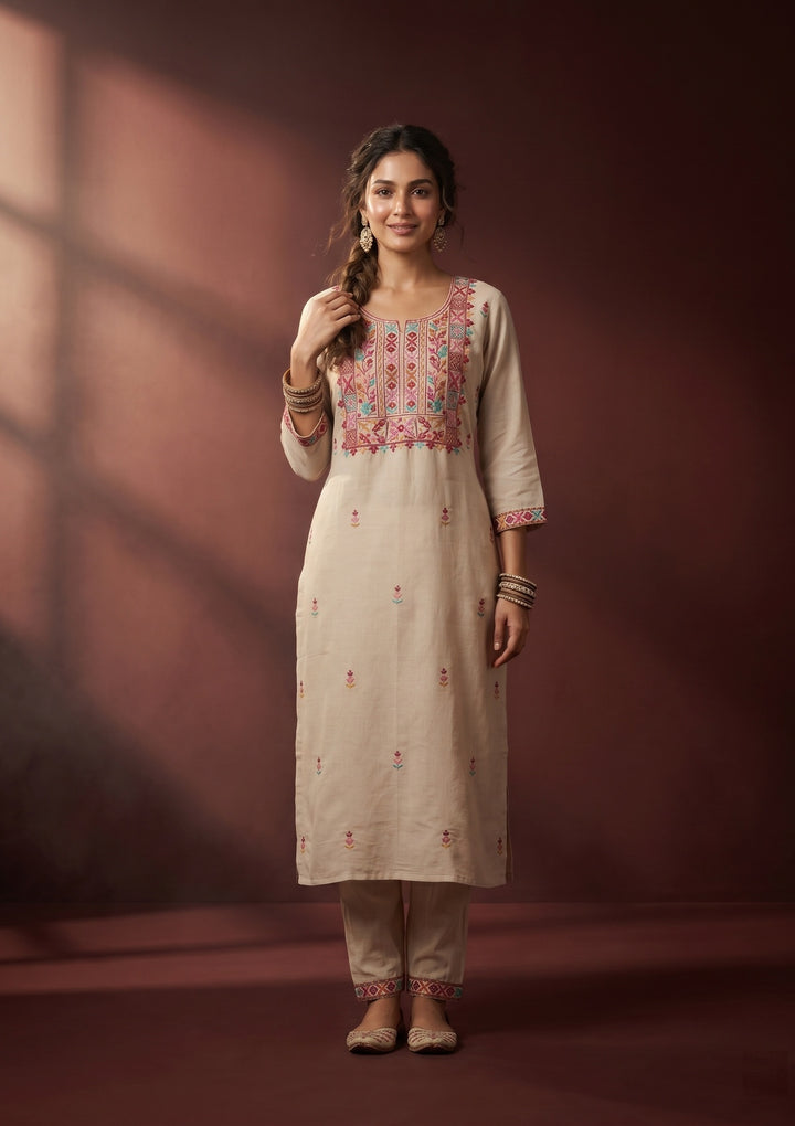 Beige Threadwork Art Silk Readymade Salwar Suit
