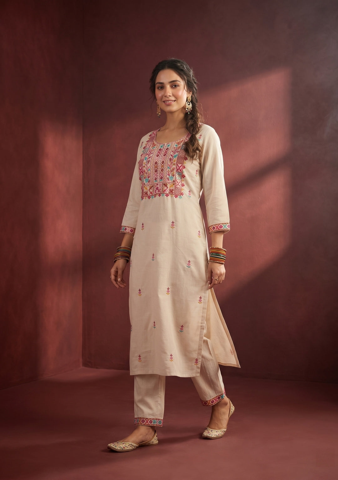 Beige Threadwork Art Silk Readymade Salwar Suit