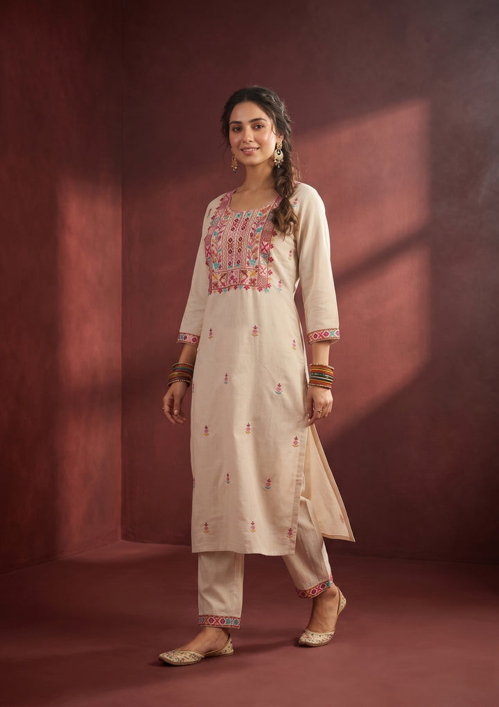 Beige Threadwork Art Silk Readymade Salwar Suit
