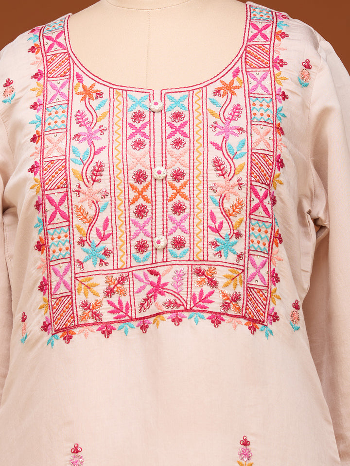 Beige Threadwork Art Silk Readymade Salwar Suit