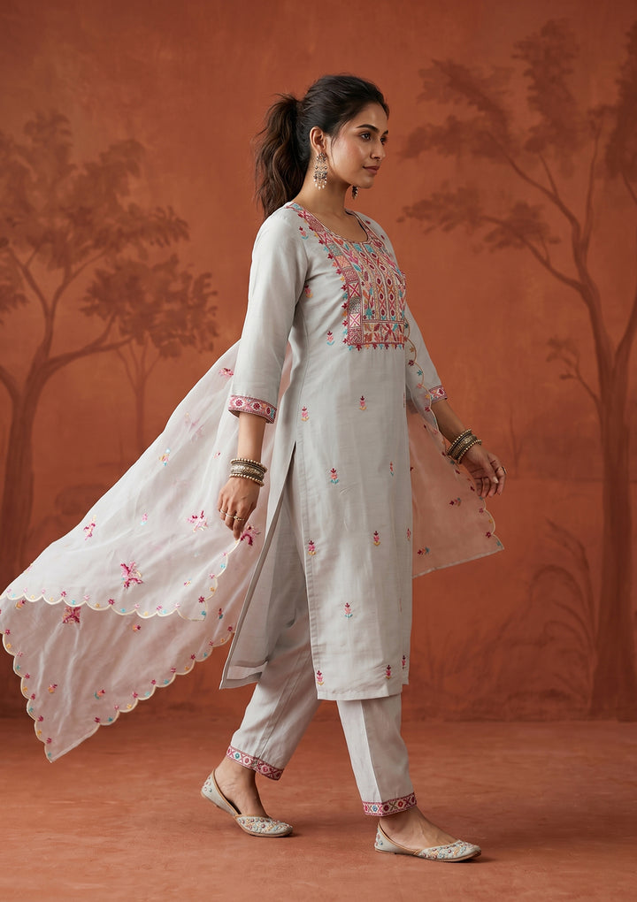 Light Grey Threadwork Art Silk Readymade Salwar Suit