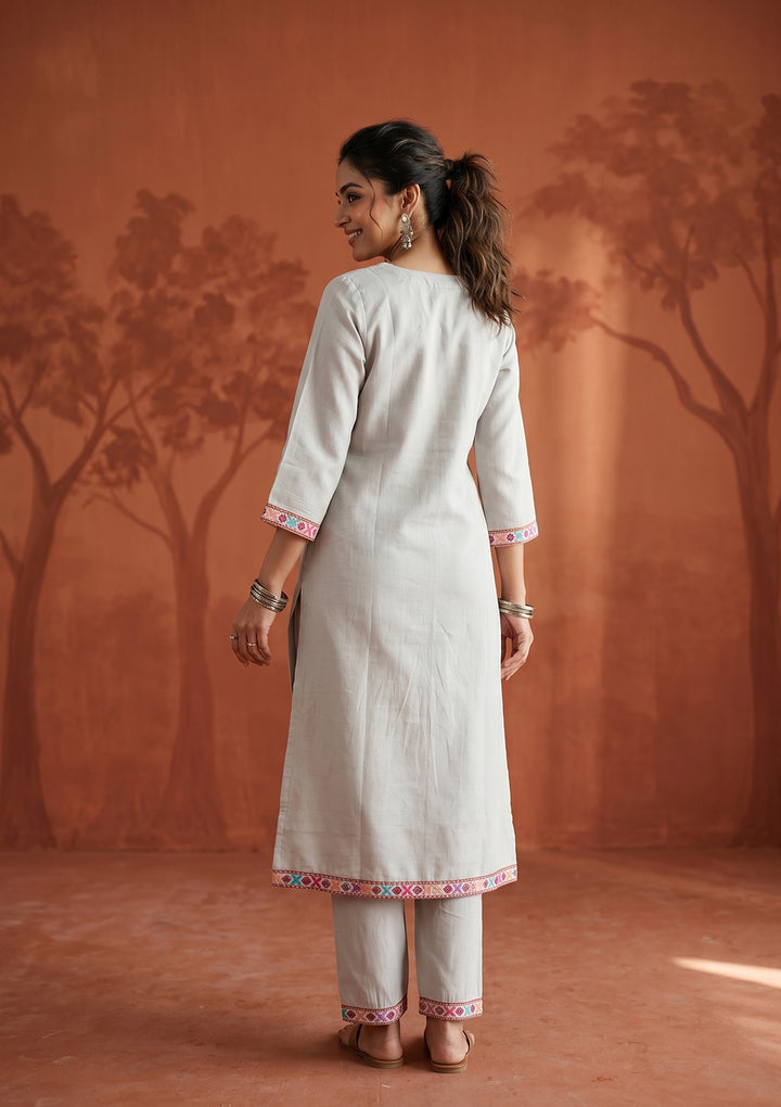 Light Grey Threadwork Art Silk Readymade Salwar Suit