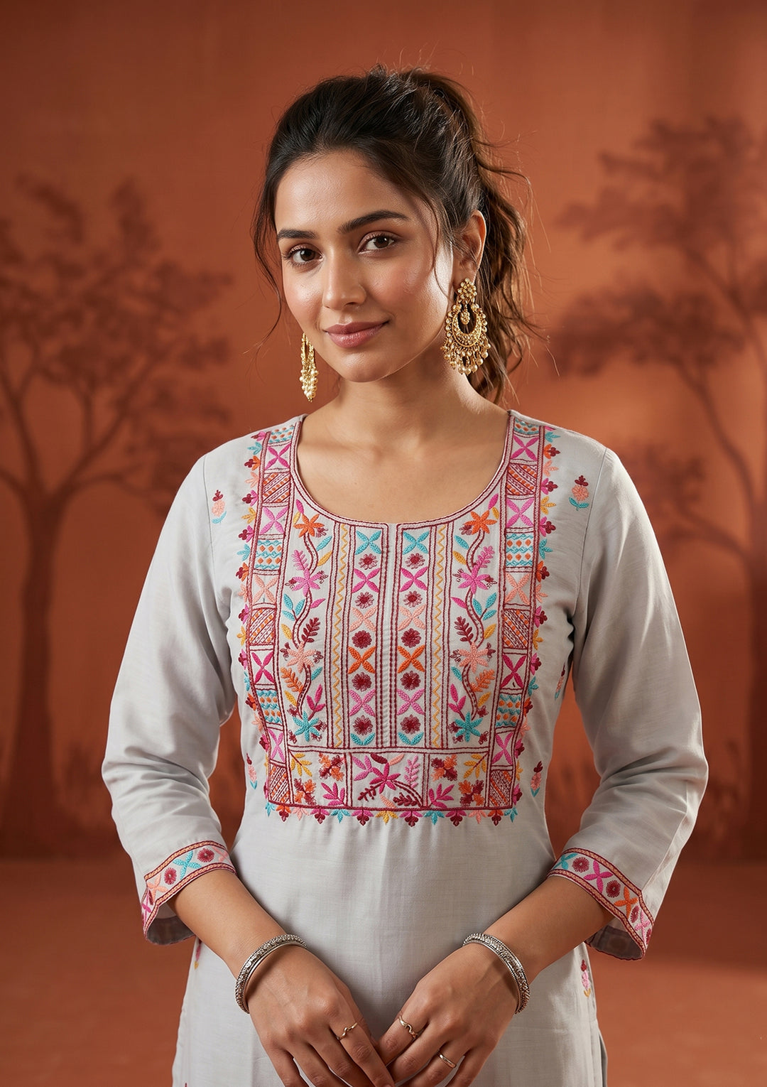 Light Grey Threadwork Art Silk Readymade Salwar Suit