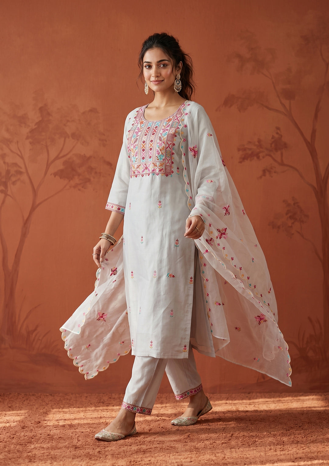 Light Grey Threadwork Art Silk Readymade Salwar Suit