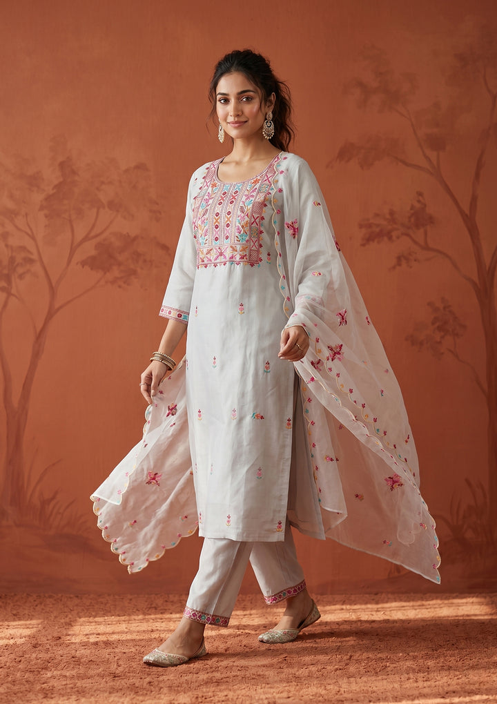 Light Grey Threadwork Art Silk Readymade Salwar Suit