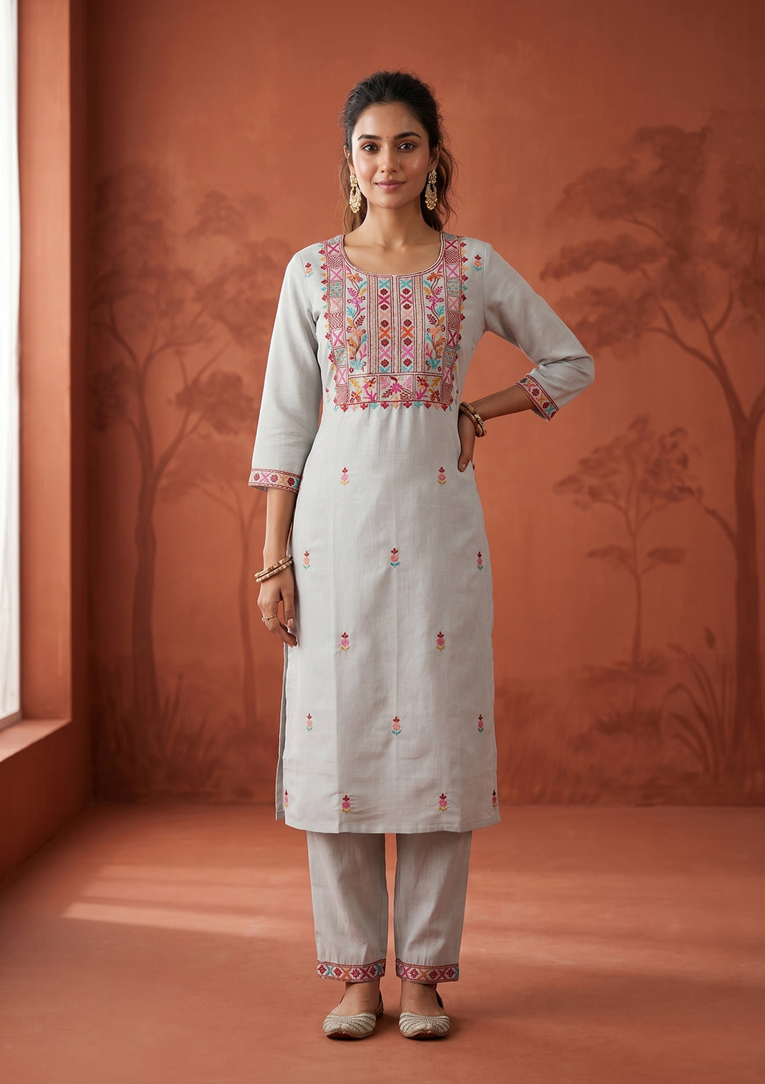Light Grey Threadwork Art Silk Readymade Salwar Suit