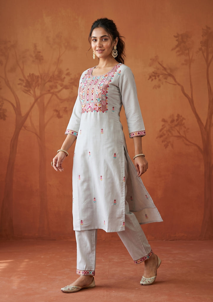 Light Grey Threadwork Art Silk Readymade Salwar Suit