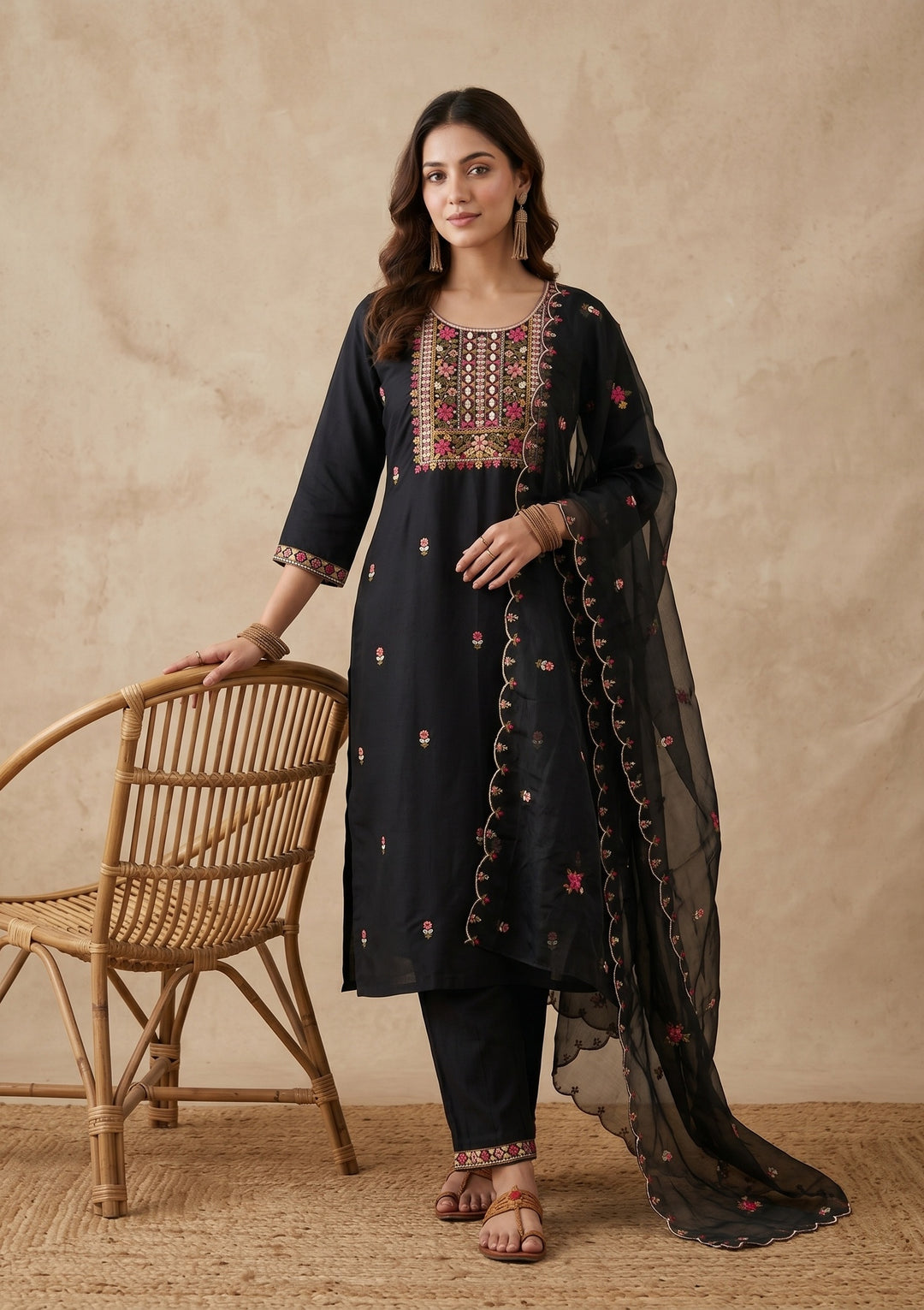 Black Threadwork Art Silk Readymade Salwar Suit