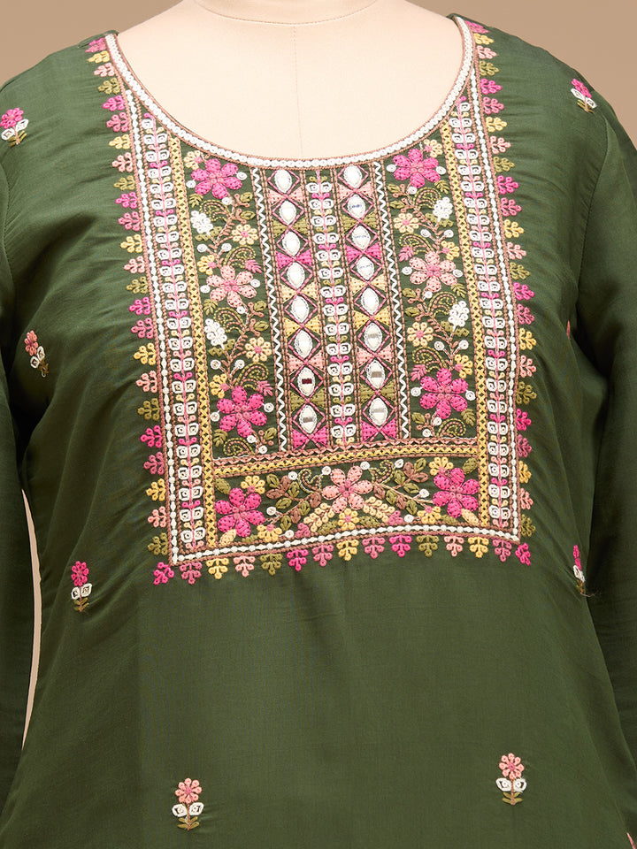 Bottle Green Threadwork Art Silk Readymade Salwar Suit
