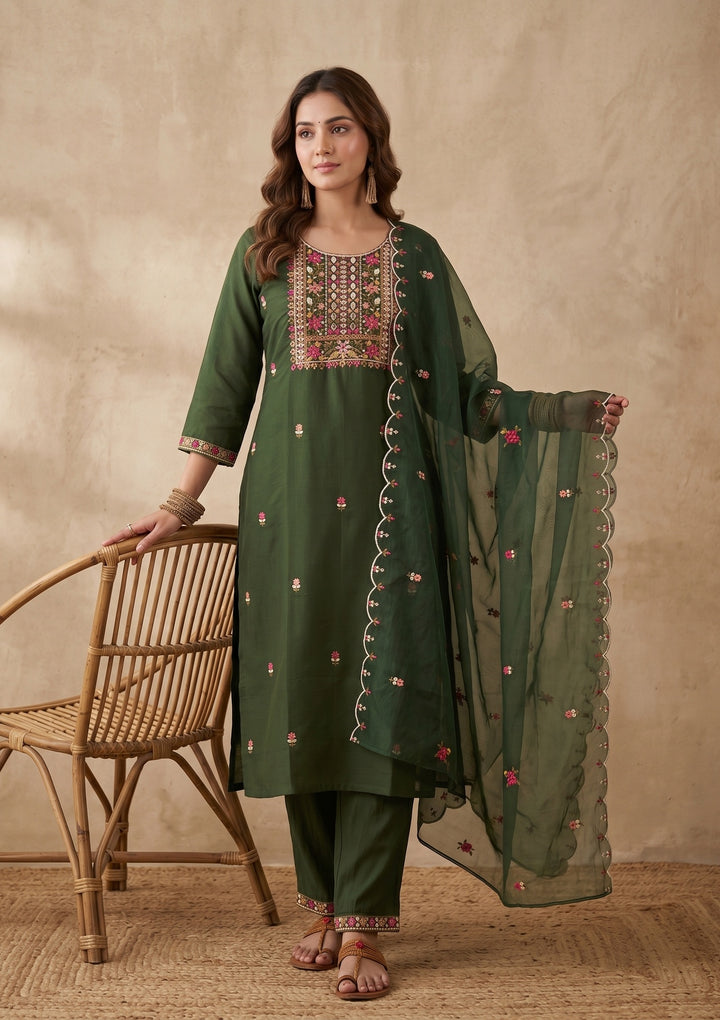 Bottle Green Threadwork Art Silk Readymade Salwar Suit