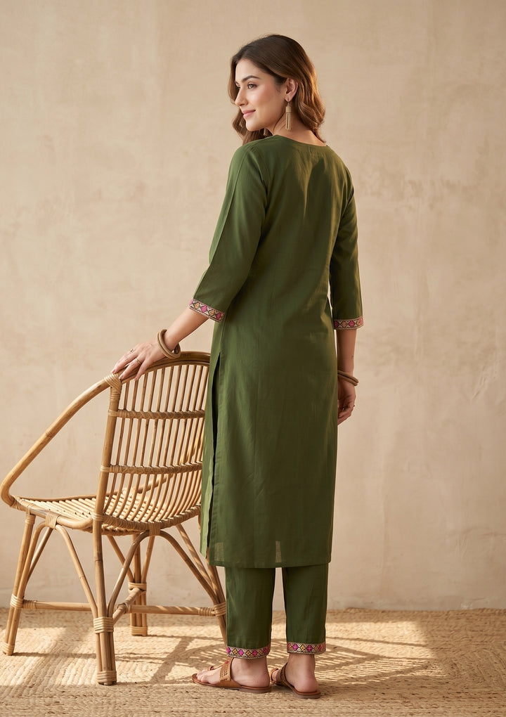 Bottle Green Threadwork Art Silk Readymade Salwar Suit