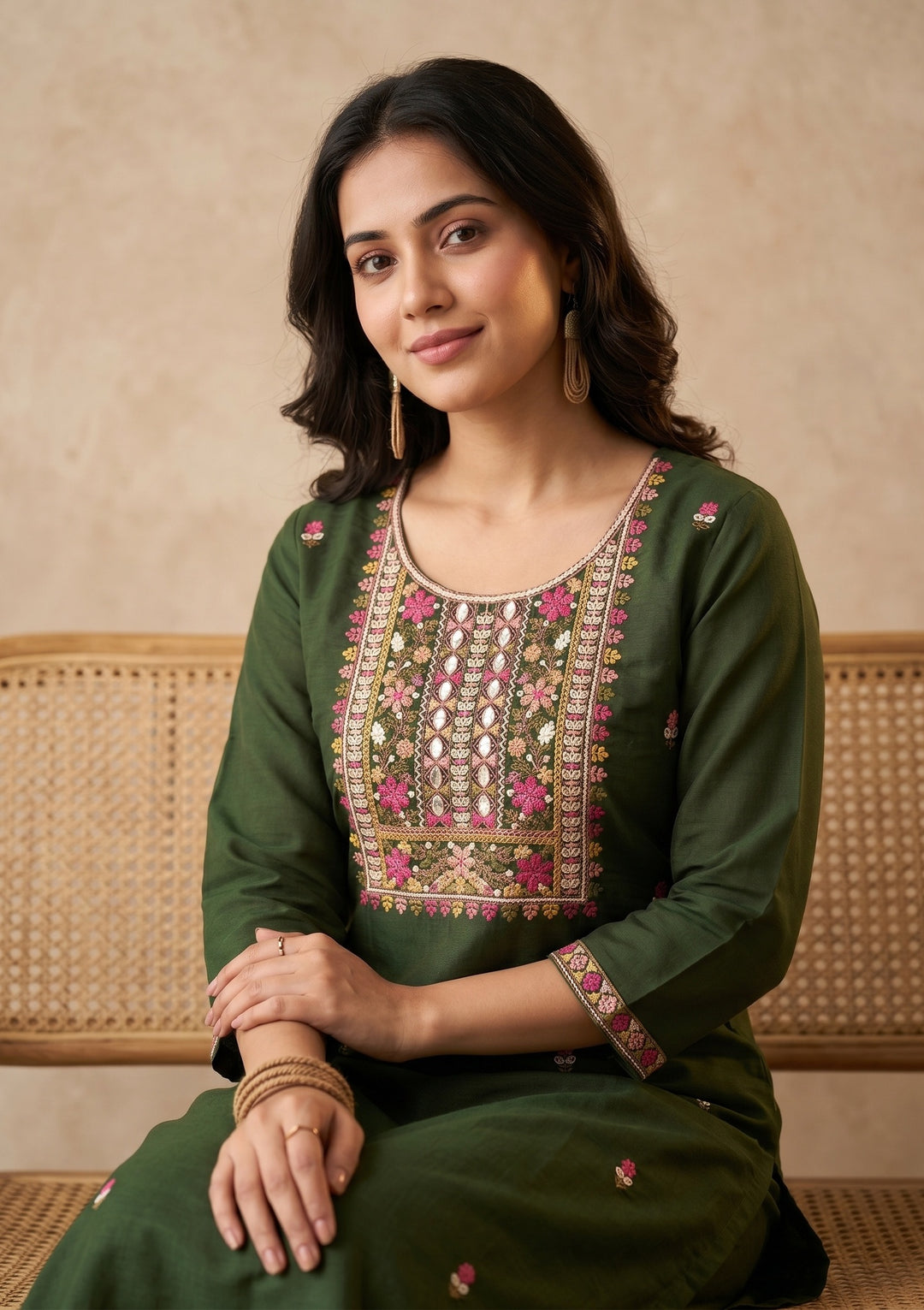 Bottle Green Threadwork Art Silk Readymade Salwar Suit