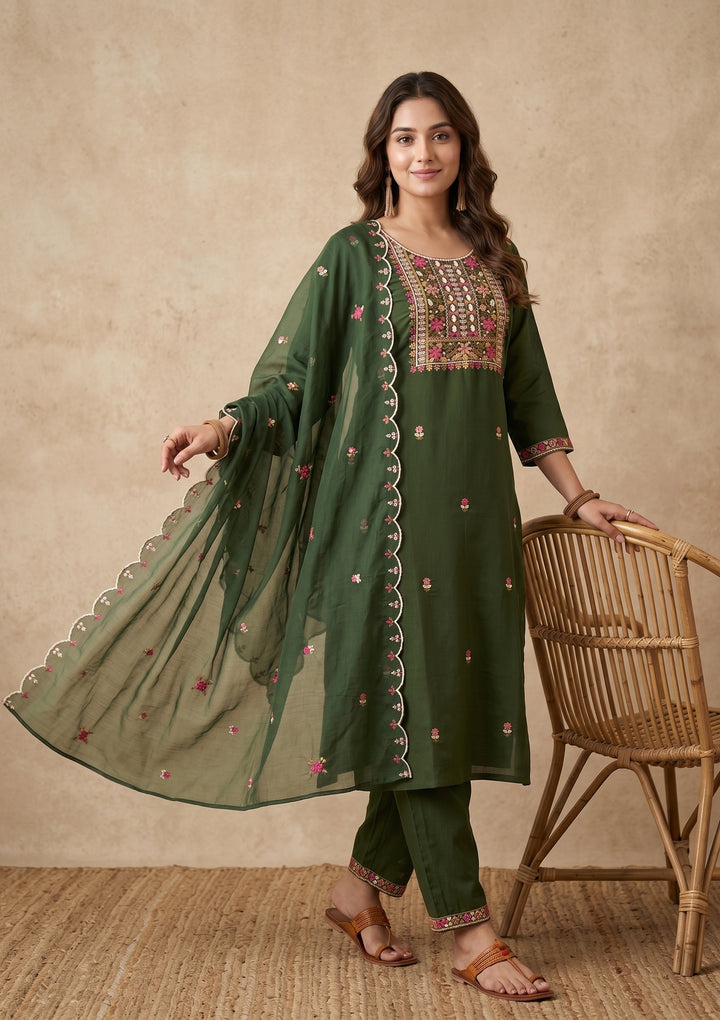 Bottle Green Threadwork Art Silk Readymade Salwar Suit