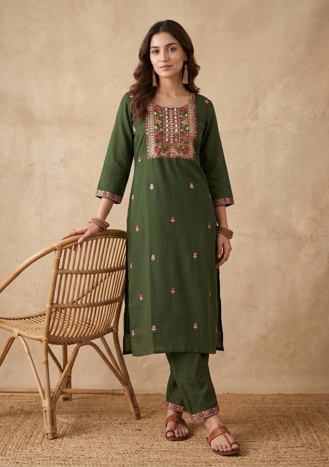 Bottle Green Threadwork Art Silk Readymade Salwar Suit