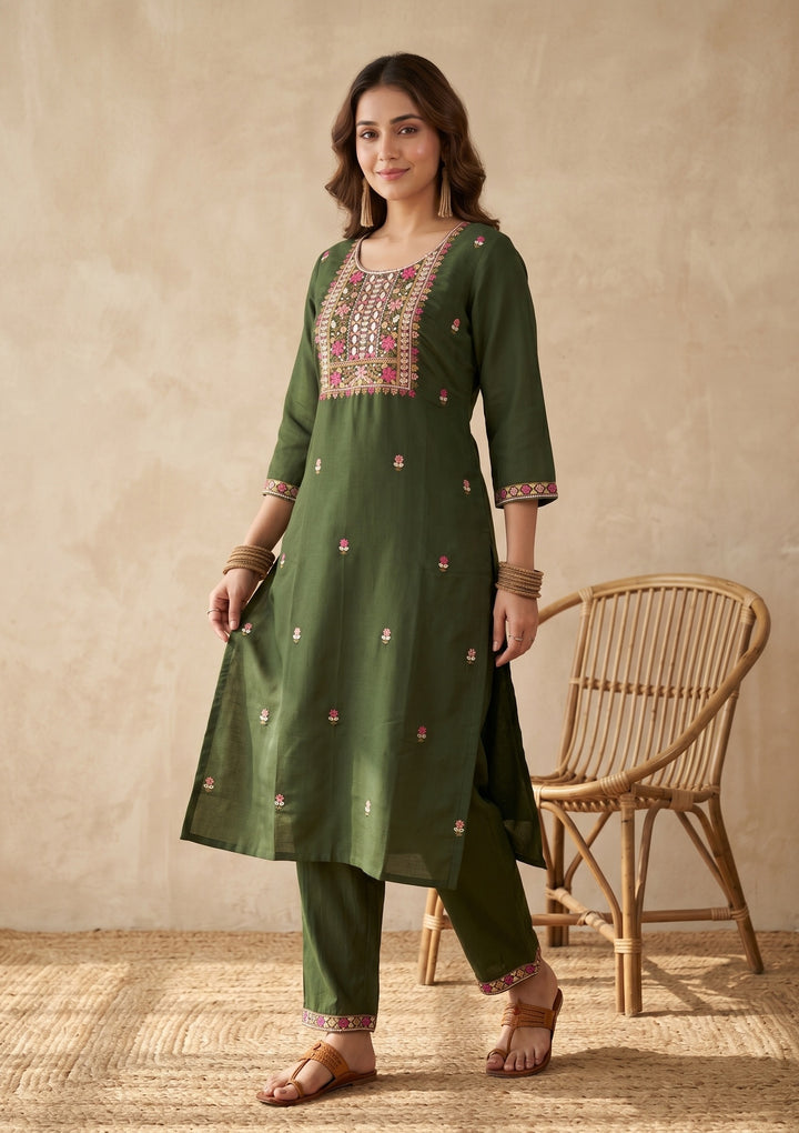 Bottle Green Threadwork Art Silk Readymade Salwar Suit