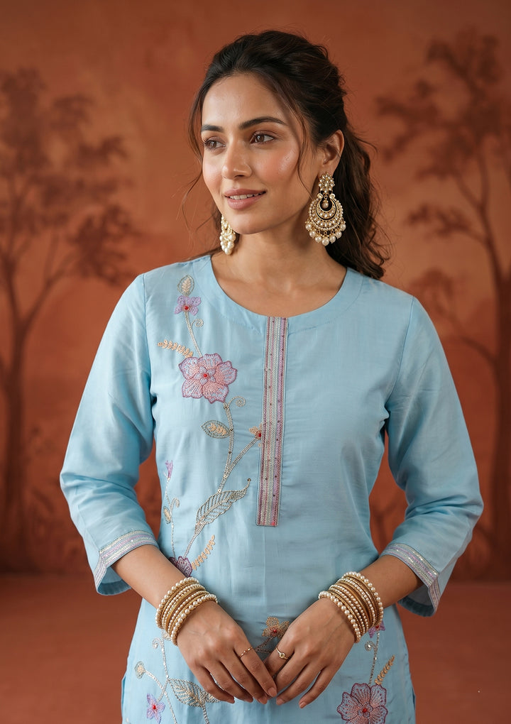 Sky Blue Threadwork Art Silk Readymade Salwar Suit
