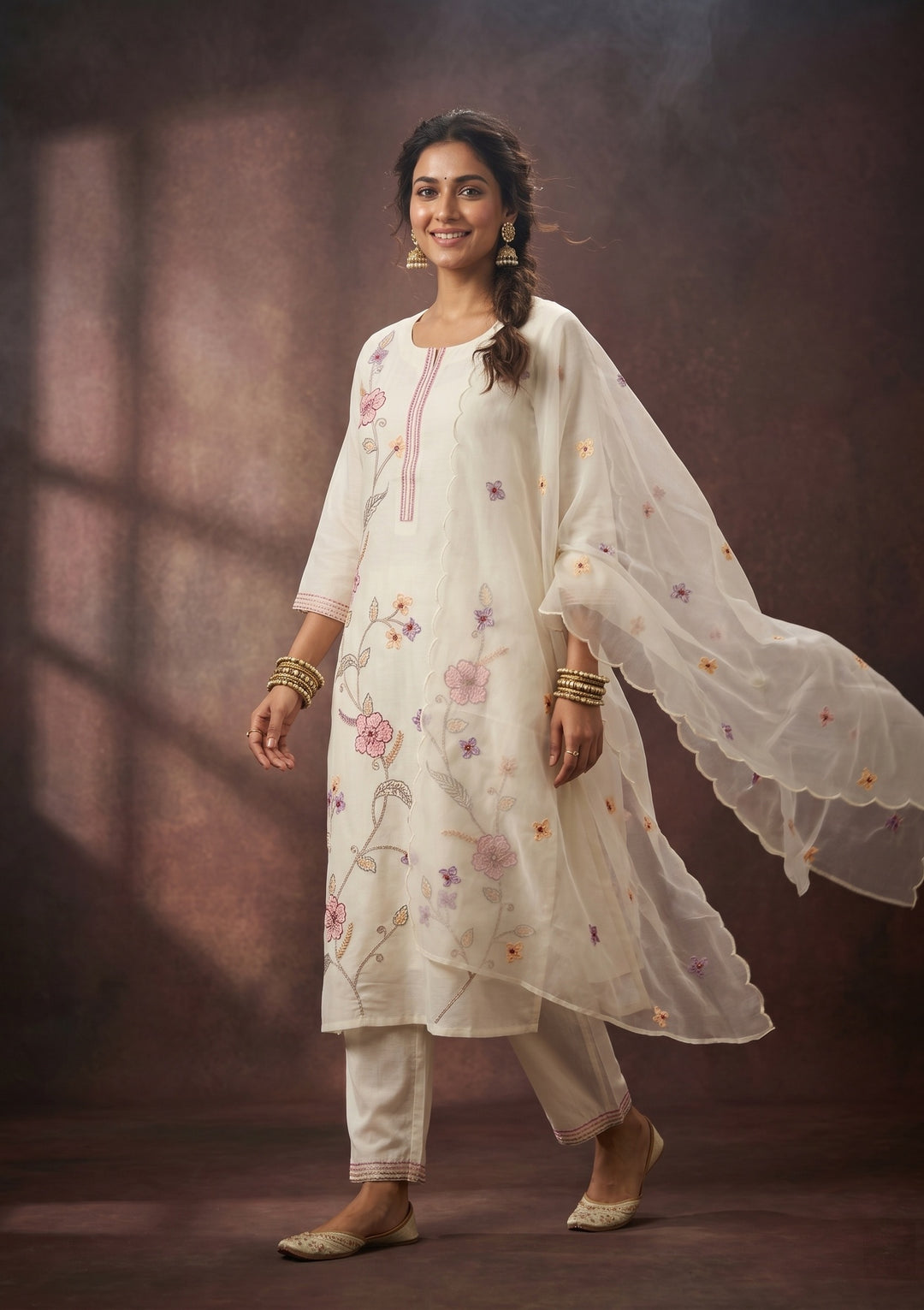 White Threadwork Art Silk Readymade Salwar Suit