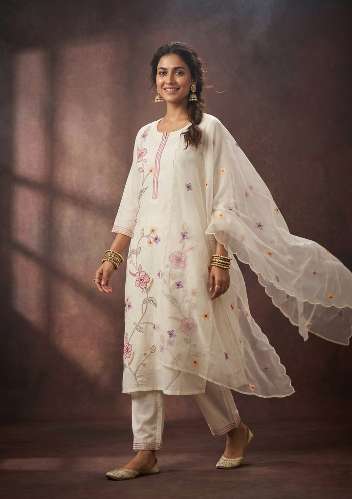 White Threadwork Art Silk Readymade Salwar Suit