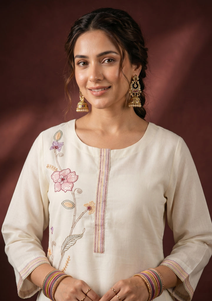 White Threadwork Art Silk Readymade Salwar Suit