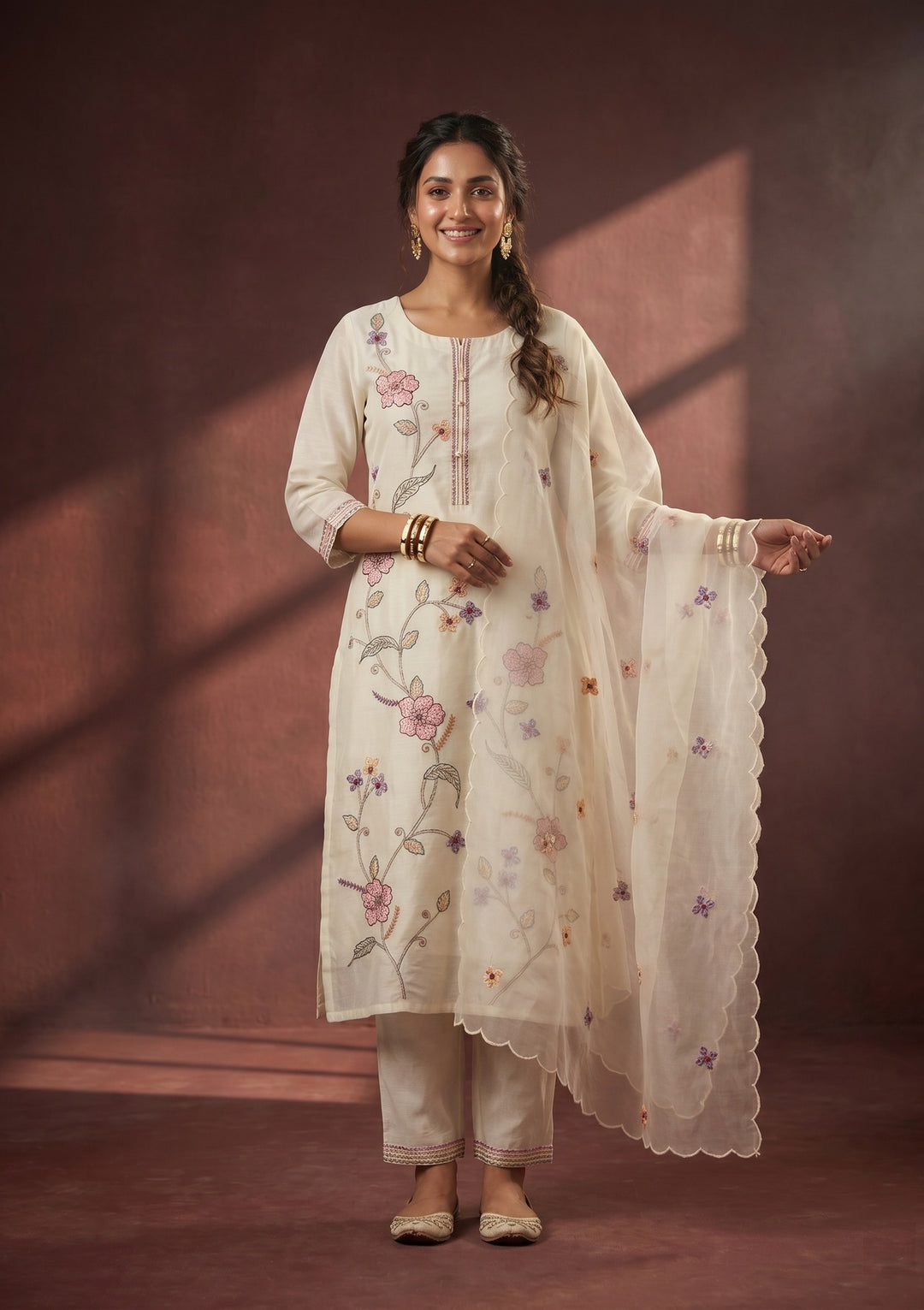 White Threadwork Art Silk Readymade Salwar Suit