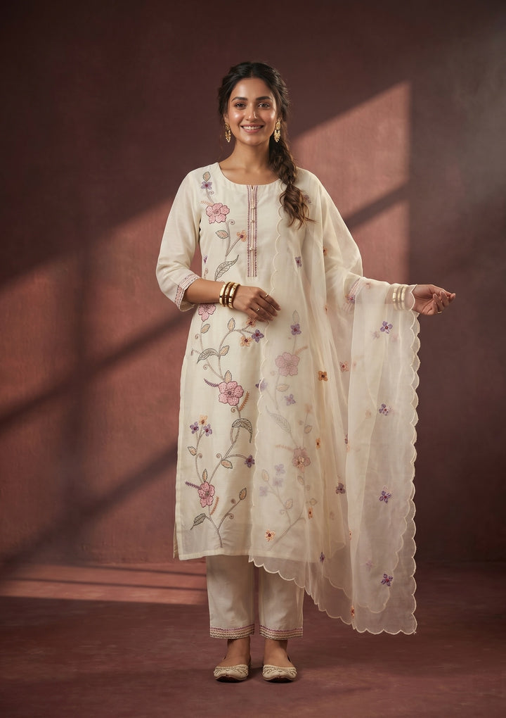 White Threadwork Art Silk Readymade Salwar Suit