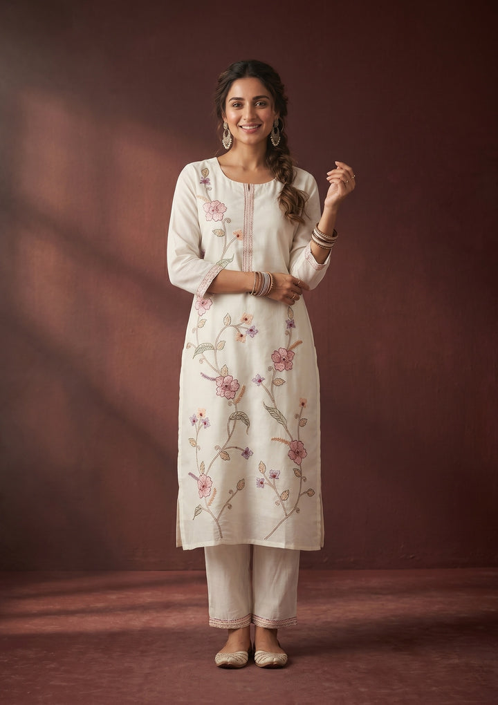 White Threadwork Art Silk Readymade Salwar Suit