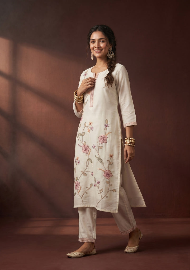 White Threadwork Art Silk Readymade Salwar Suit