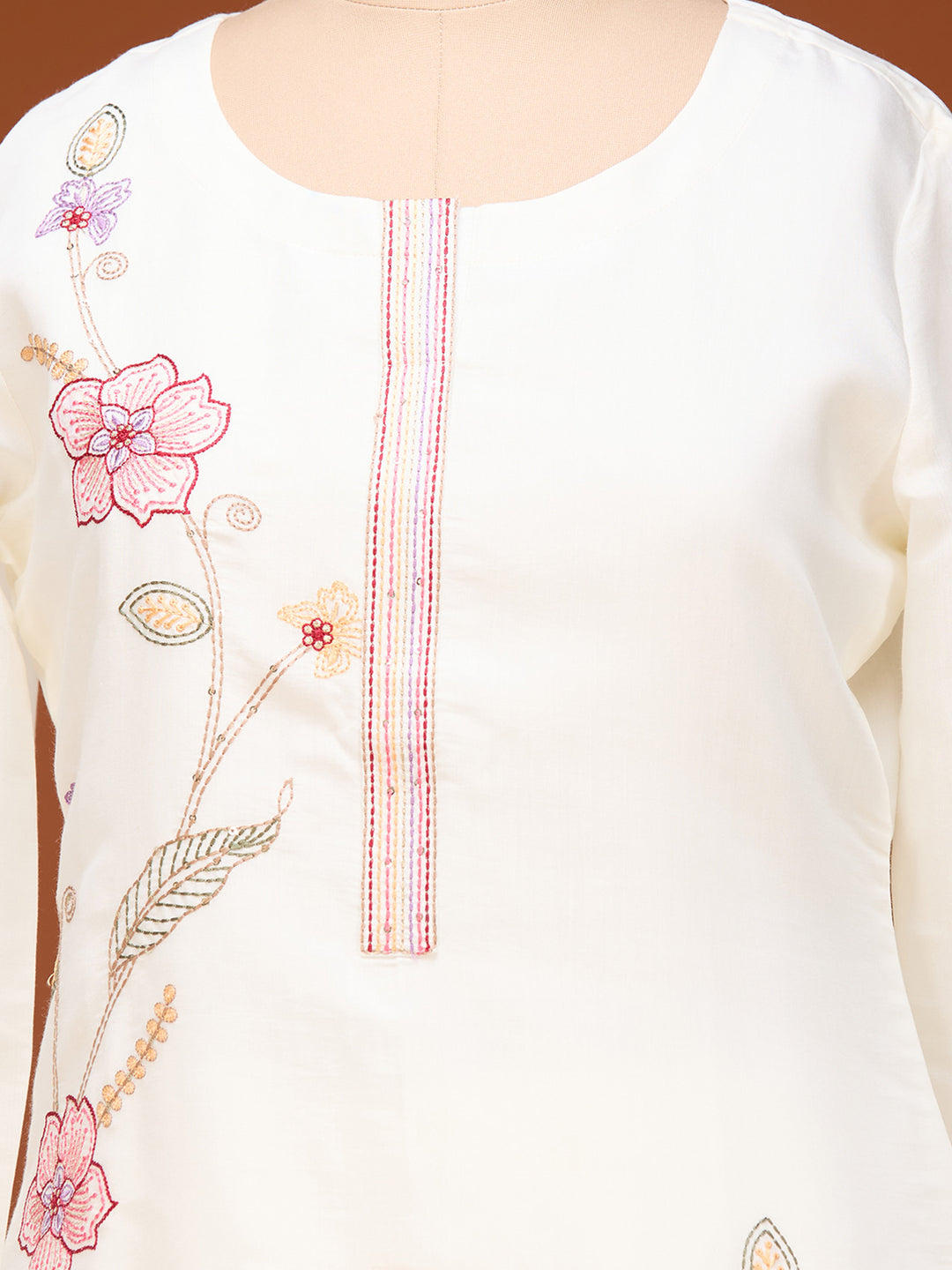 White Threadwork Art Silk Readymade Salwar Suit