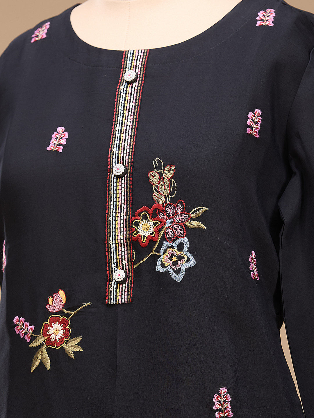 Black Threadwork Art Silk Readymade Salwar Suit