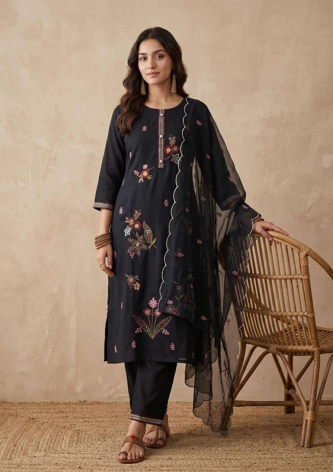 Black Threadwork Art Silk Readymade Salwar Suit
