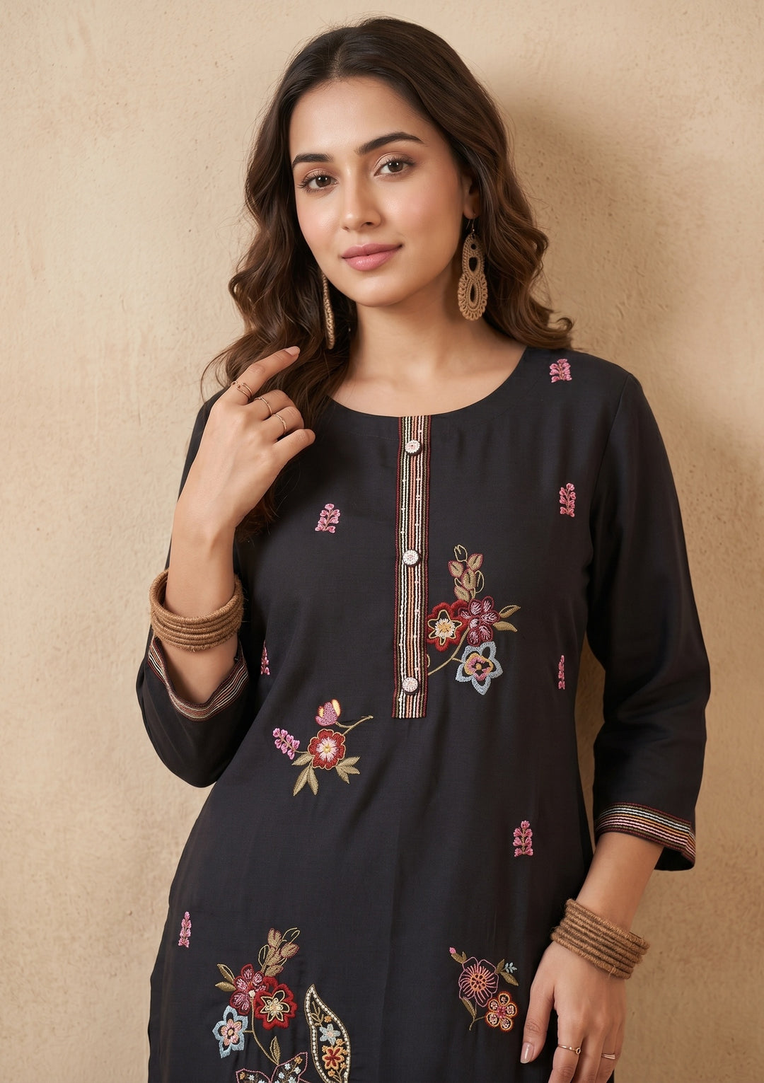 Black Threadwork Art Silk Readymade Salwar Suit