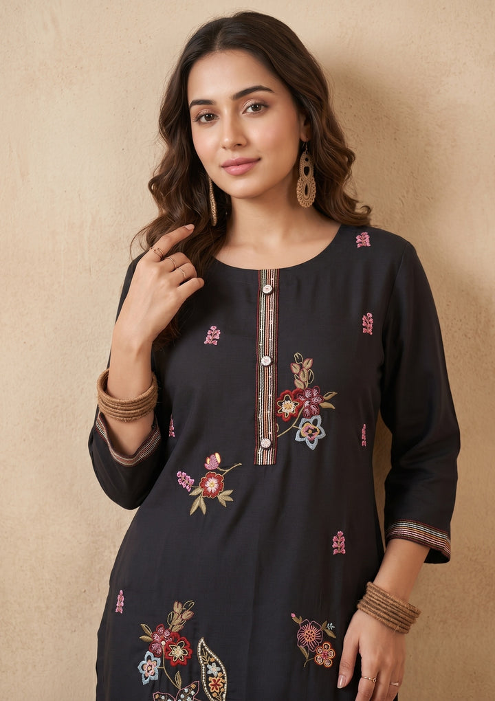 Black Threadwork Art Silk Readymade Salwar Suit