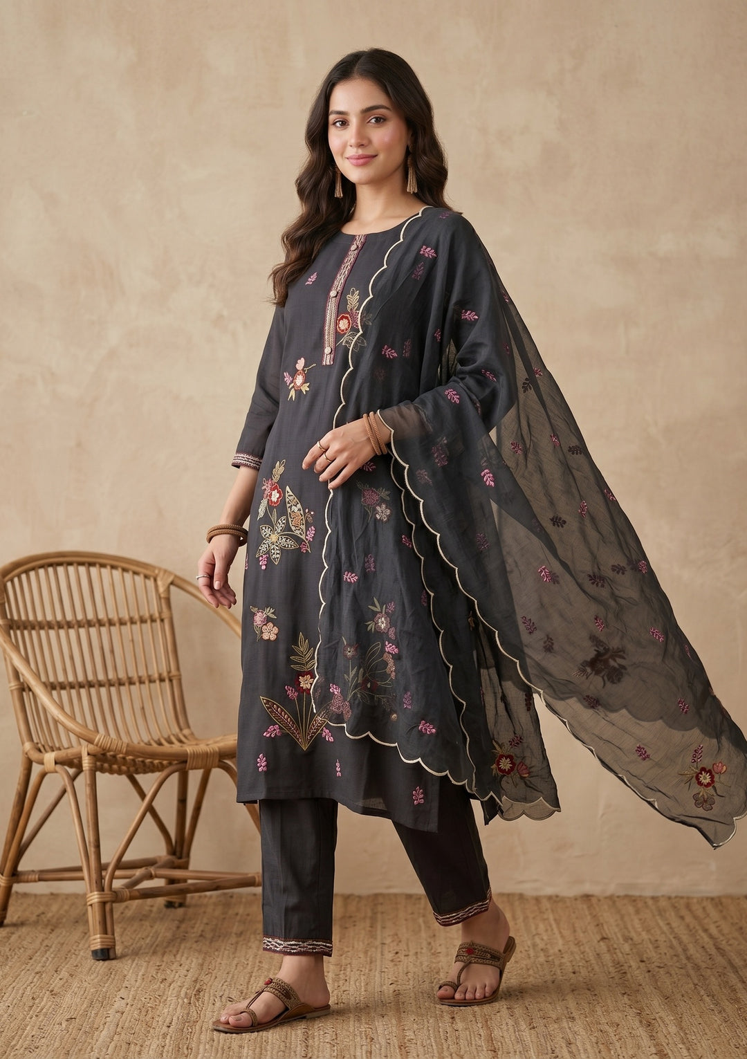 Black Threadwork Art Silk Readymade Salwar Suit