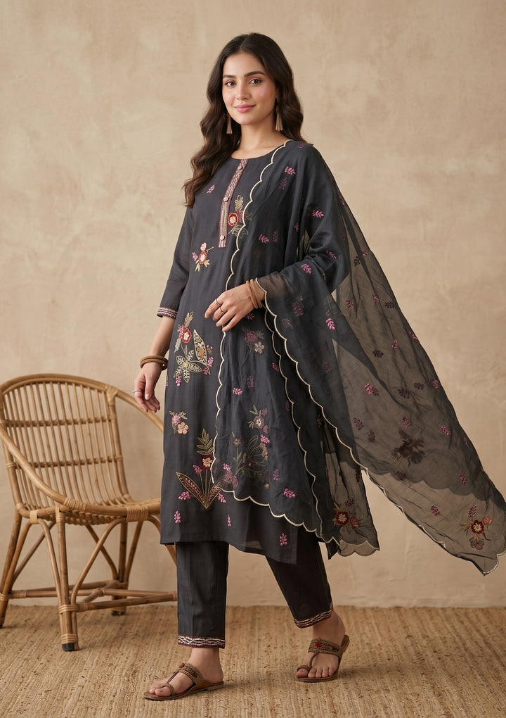Black Threadwork Art Silk Readymade Salwar Suit