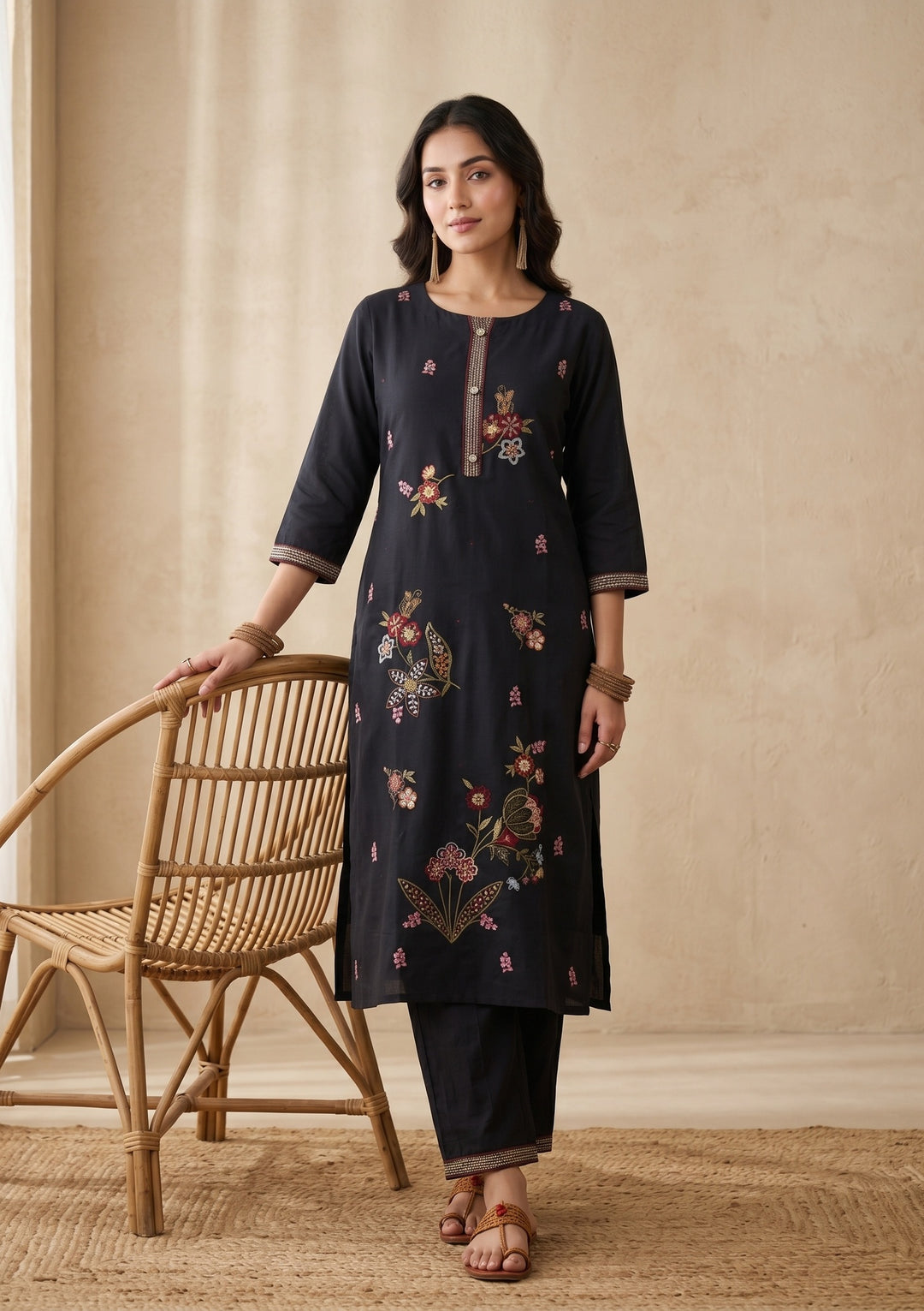 Black Threadwork Art Silk Readymade Salwar Suit