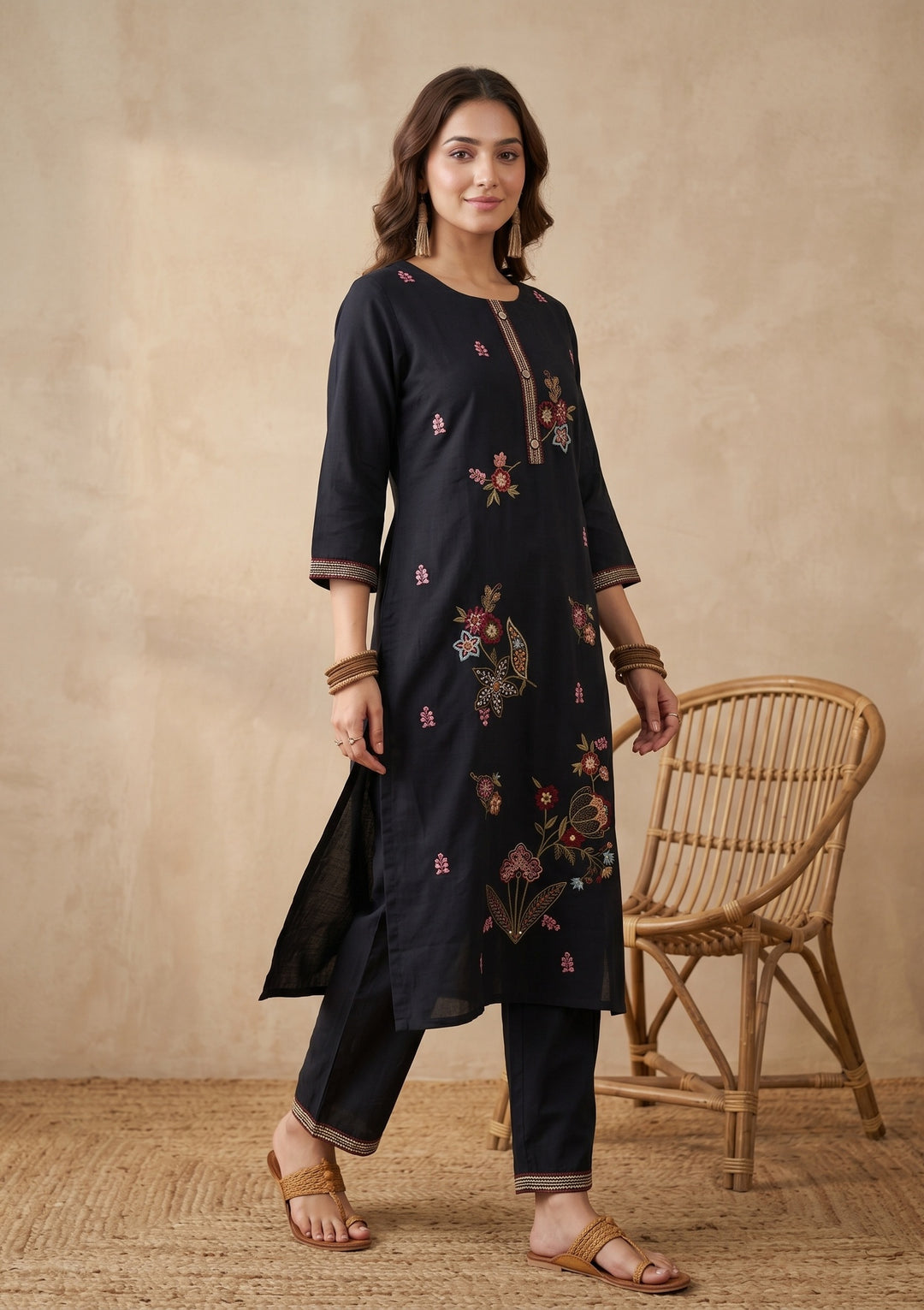 Black Threadwork Art Silk Readymade Salwar Suit