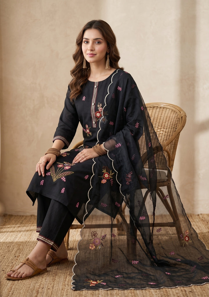 Black Threadwork Art Silk Readymade Salwar Suit