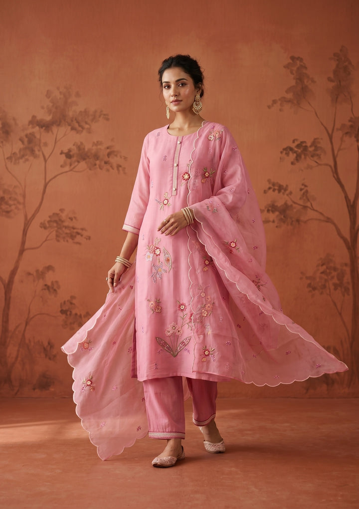 Onion Pink Threadwork Art Silk Readymade Salwar Suit